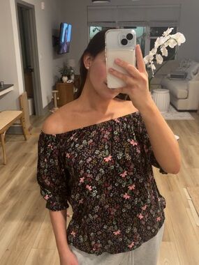 Off-Shoulder Floral Blouse in Black with Pink Accents